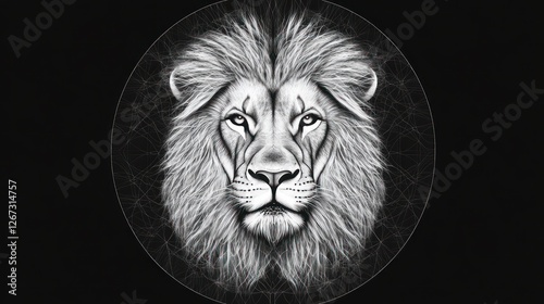 Majestic lion portrait, dark background, wildlife art, print