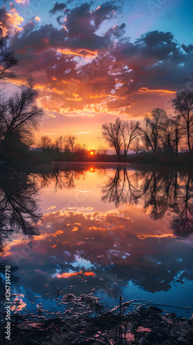 Tranquil Sunset Over Serene Lake with Reflective Waters and Tree Silhouettes in Warm Evening Light