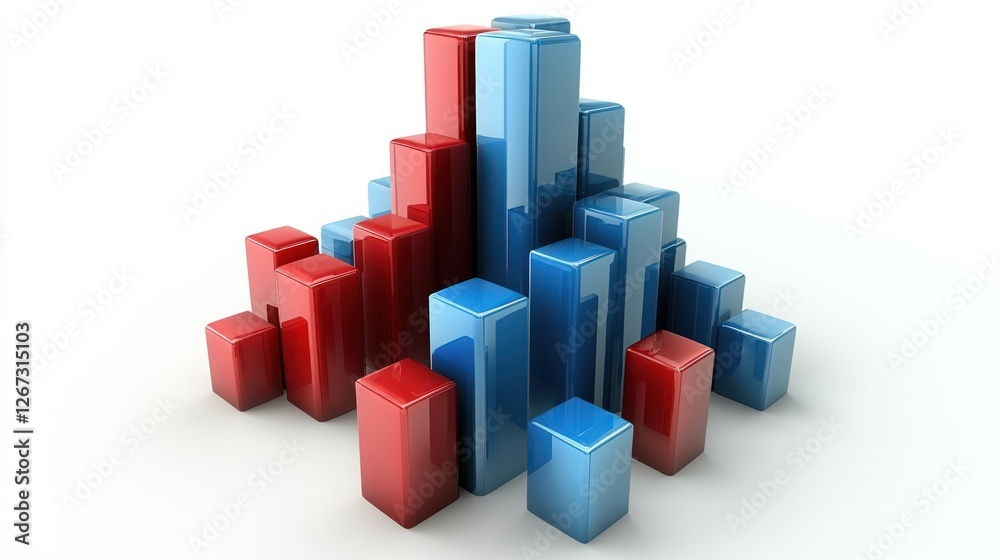 Red and Blue 3D Bar Graph Pyramid on White Background Red and Blue 3D Bar Graph Pyramid on White Background