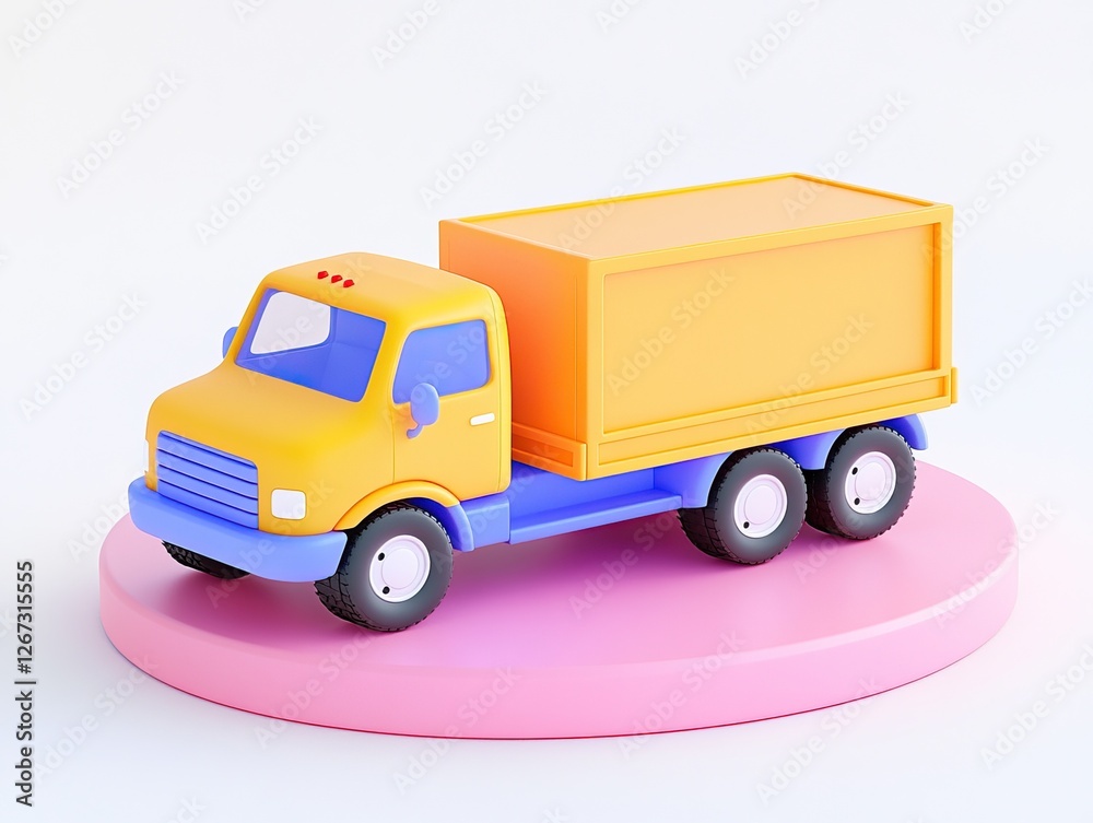 A colorful toy truck in yellow and blue, featuring a boxy cargo container, sits on a pink circular base, isolate on white background. A colorful toy truck in yellow and blue, featuring a boxy cargo container, sits on a pink circular base, isolate on white background.