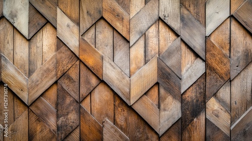 Close-up of a wooden wall with diamond and hexagonal shapes in natural tones, creating a sophisticated geometric pattern