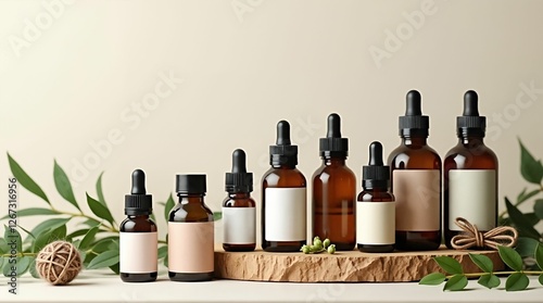 Aroma oil bottles in various sizes with blank labels displayed on a wooden slab with greenery
