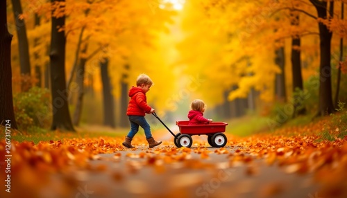 Brother pulls sister in a wagon through an autumn park, covered in fallen leaves, under a canopy of golden trees and a bright sky.