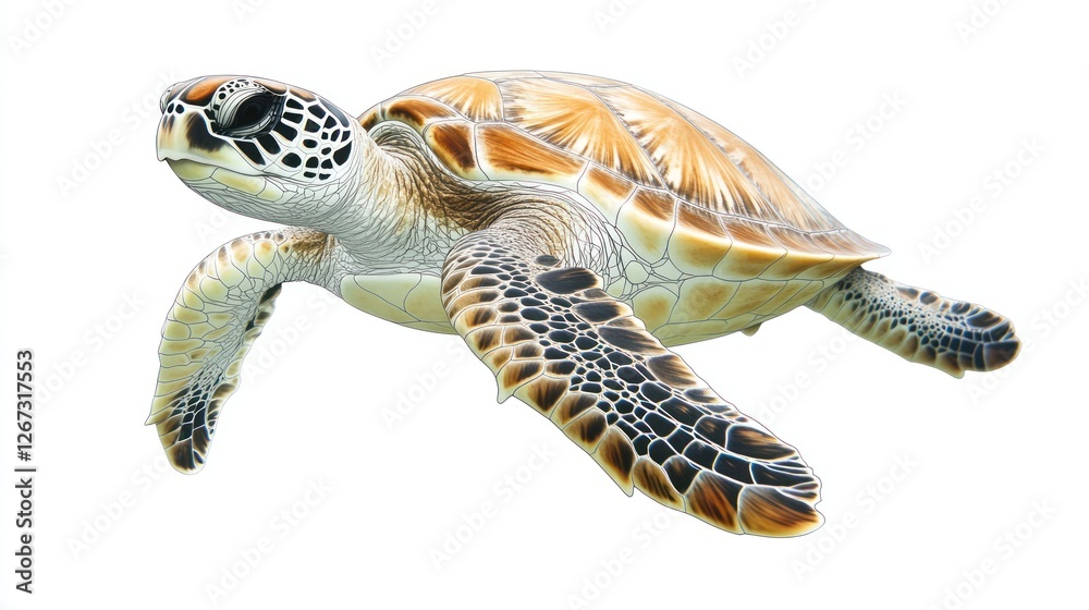 Fototapeta premium Sea turtle swimming isolated on a white background, for conservation or ecological awareness campaigns