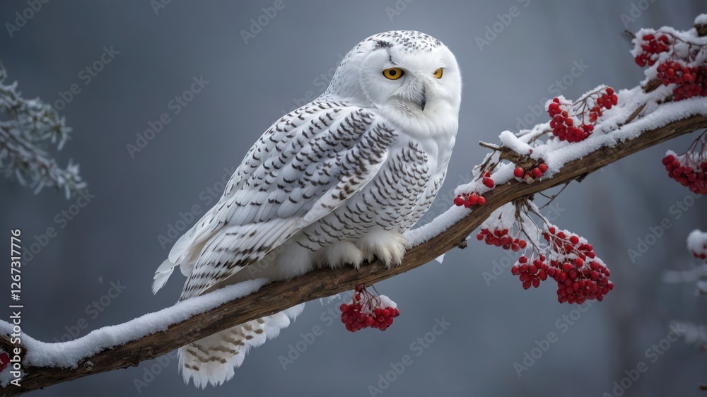 A snowy owl perched on a branch with red berries, surrounded by a wintery landscape. A snowy owl perched on a branch with red berries, surrounded by a wintery landscape.