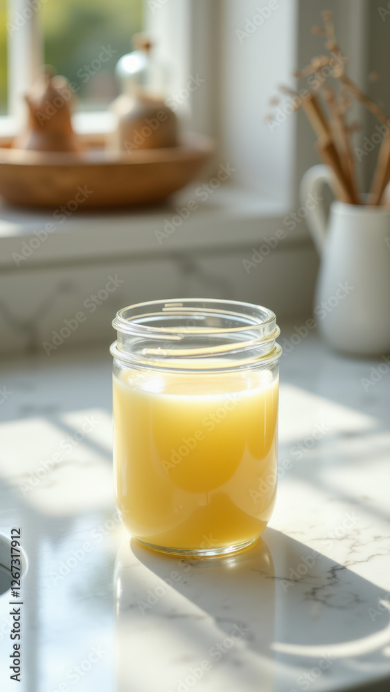 Clear glass jar filled with yellow liquid sitting on a marble countertop next to a window. Clear glass jar filled with yellow liquid sitting on a marble countertop next to a window.