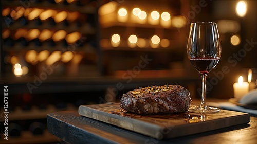 Cozy steakhouse scene featuring an aged rib eye steak resting on a cutting board, wine glass glowing under warm candlelight, blurred wine rack behind.