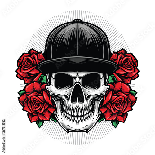 skull with cap and roses tshirt design