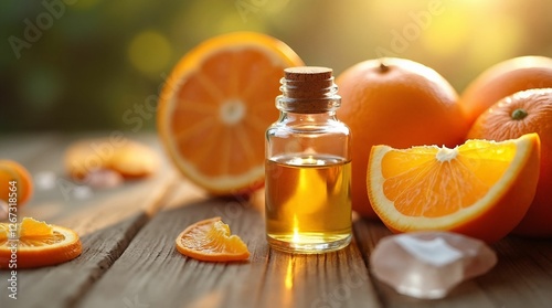 Orange essential oil bottle with fresh oranges and slices on wooden table