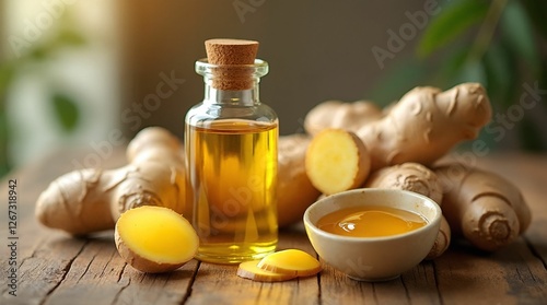 Ginger essential oil bottle with fresh ginger root and honey on wooden table