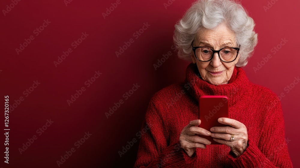 An elderly woman wearing glasses is focused on her smartphone, wearing a cozy red sweater that highlights her playful and engaging personality against a rich red background. An elderly woman wearing glasses is focused on her smartphone, wearing a cozy red sweater that highlights her playful and engaging personality against a rich red background.