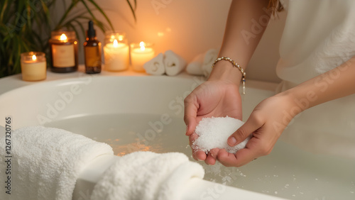 Minimalist bathroom self-care routine. Epsom salt bath benefits for relaxation. Aromatherapy candles for a calming atmosphere. How to prepare a warm bath with bath oils.