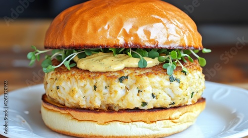 Gourmet Crab Cake Burger with Fresh Herbs and Sauce on a Bun