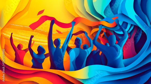 Paper Cut Cheering Fans with Scarves in Stadium