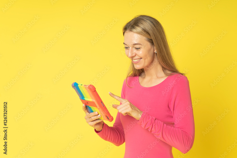 charming happy nice young woman point finger network tablet isolated on yellow color background. Attractive woman holding tablet pc in hand and swiping news. charming happy nice young woman point finger network tablet isolated on yellow color background. Attractive woman holding tablet pc in hand and swiping news.