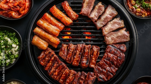 Marinated Beef BBQ Feast with Korean Side Dishes on Grill