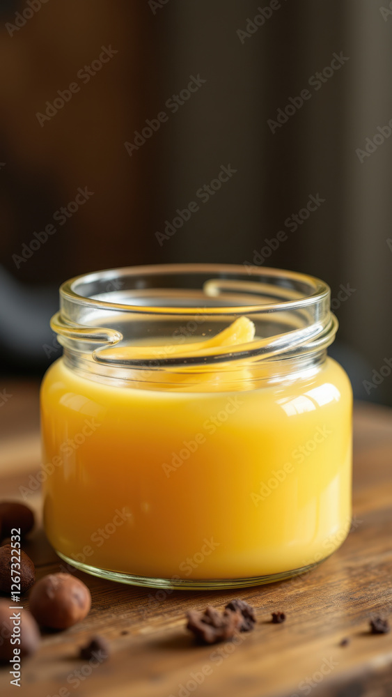Small jar filled with golden-yellow colored liquid, possibly a kind of oil or beef tallow. Small jar filled with golden-yellow colored liquid, possibly a kind of oil or beef tallow.