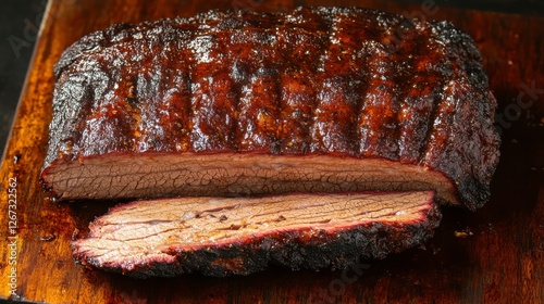 Smoky Whole Brisket Sliced Over Wooden Cutting Board Surface