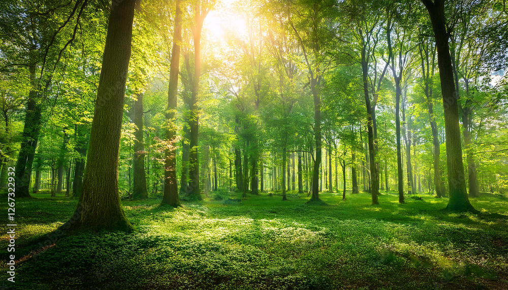 Obraz premium green forest background in a sunny day