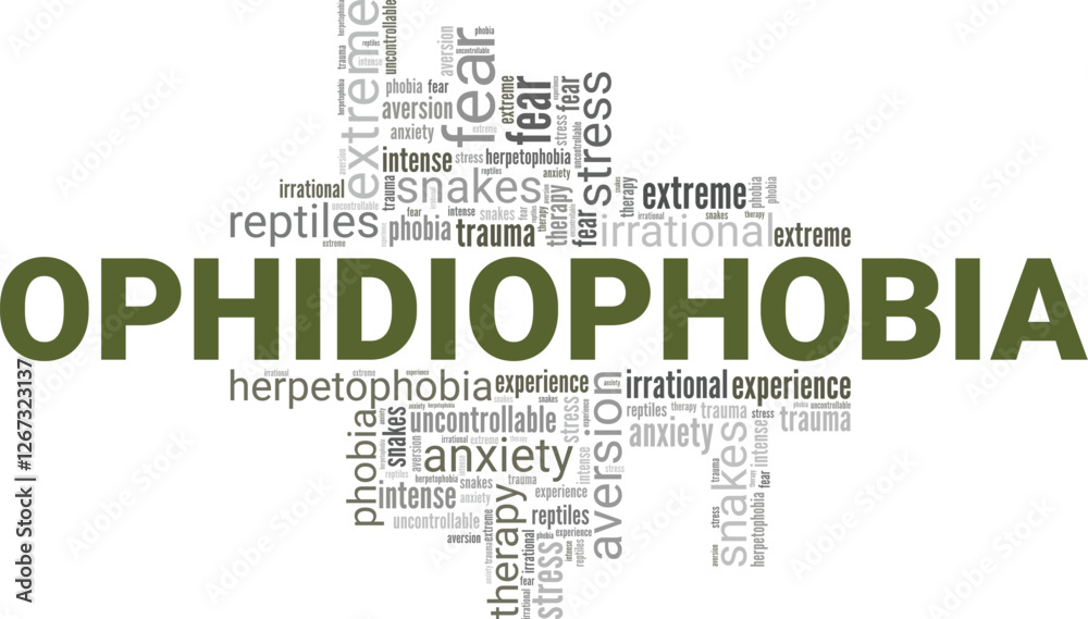 Ophidiophobia: Fear of Snakes word cloud conceptual design isolated on white background. Ophidiophobia: Fear of Snakes word cloud conceptual design isolated on white background.