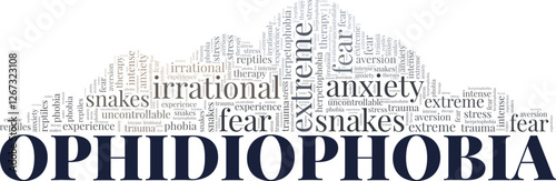 Ophidiophobia: Fear of Snakes word cloud conceptual design isolated on white background.