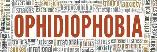 Ophidiophobia: Fear of Snakes word cloud conceptual design isolated on white background.