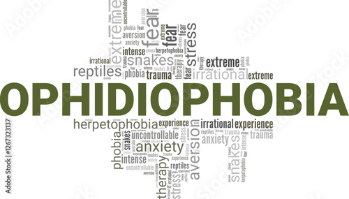 Ophidiophobia: Fear of Snakes word cloud conceptual design isolated on white background.