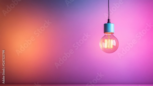 This image features a glowing light bulb suspended against a vibrant gradient background, showcasing the interplay of color and light to create a warm ambiance.