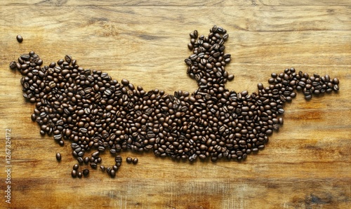Artistic representation of a coffee bean map of a region on a wooden surface, showcasing natural elements