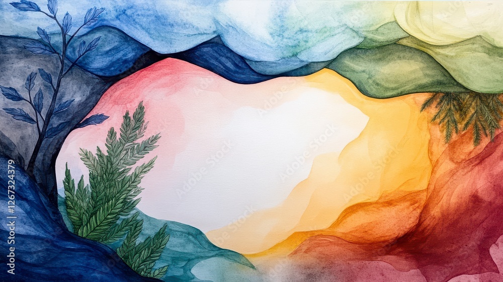 Fototapeta premium Abstract Watercolor Landscape with Lush Green Ferns and Vibrant Hues