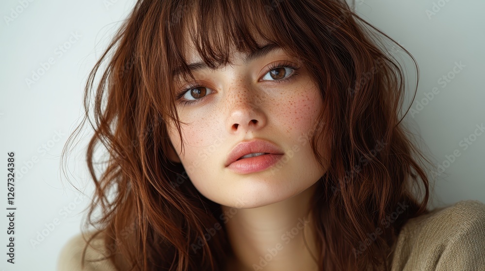 A stunning portrait of a model with freckles and an effortless style glancing at the camera, radiating confidence and a carefree spirit in a minimalist setting. A stunning portrait of a model with freckles and an effortless style glancing at the camera, radiating confidence and a carefree spirit in a minimalist setting.