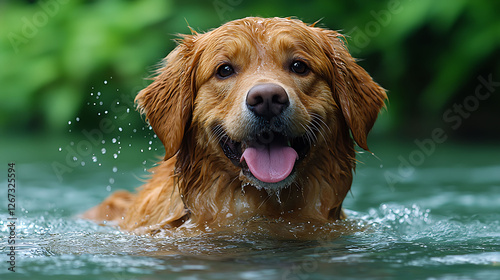 Joyful golden retriever swimming in a lake, showcasing its happy expression and wet fur. A perfect image for pet, nature, and summer themes.  Use it for websites, calendars, and petrelated products. photo