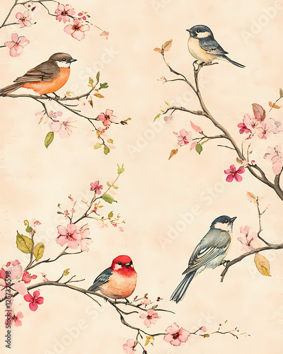Colorful birds perched on blooming cherry blossom branches at springtime. Generative AI