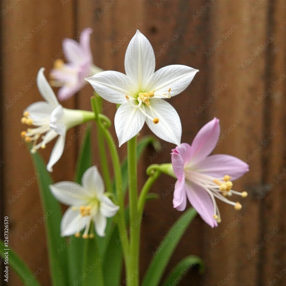 Naklejka premium White and pink Aquilegia against a wooden background, nature, botanical