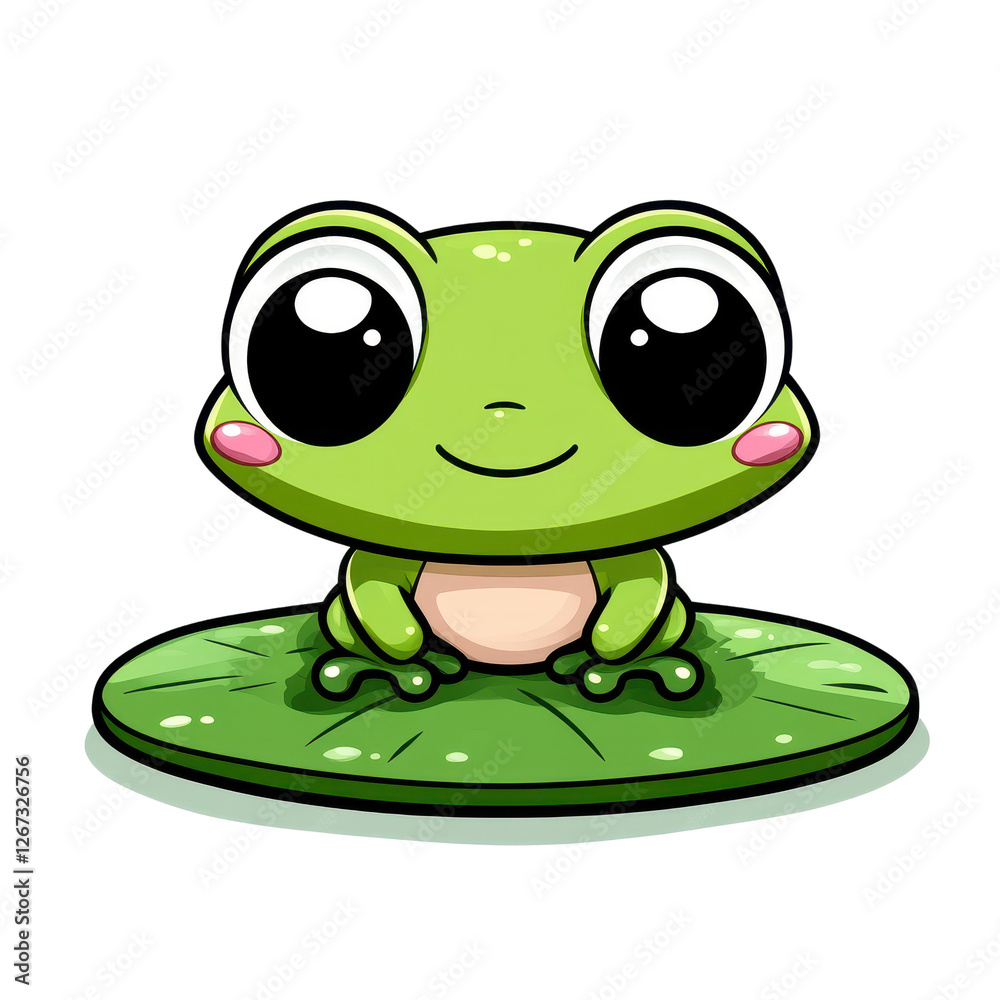 Fototapeta premium Cute cartoon frog sitting on a lily pad with big eyes and smile