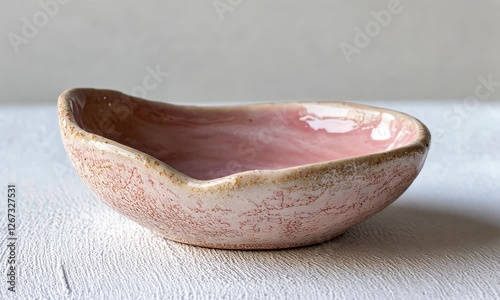 A small delicate dish perfectly sized for holding jewelry or small trinkets. The pottery is a soft pale pink with a smooth shiny glaze creating a gentle contrast with the rough texture