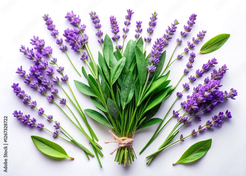 Fototapeta premium Serene Lavender Flat Lay: Purple Flowers & Green Leaves on White Background