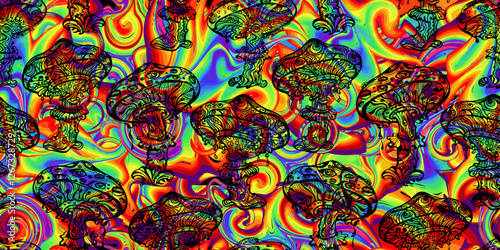 Psychedelic Magic Mushrooms Seamless Pattern – Vibrant Trippy Background with Mystical Fantasy Fungi, Colorful Swirls, and Boho Bohemian Elements. For Fabric, Print, Wallpaper, and Festival Design