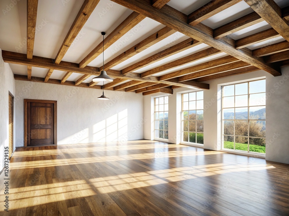 Spacious Open Room with White Walls and Exposed Wooden Beams - Stock Photo Spacious Open Room with White Walls and Exposed Wooden Beams - Stock Photo