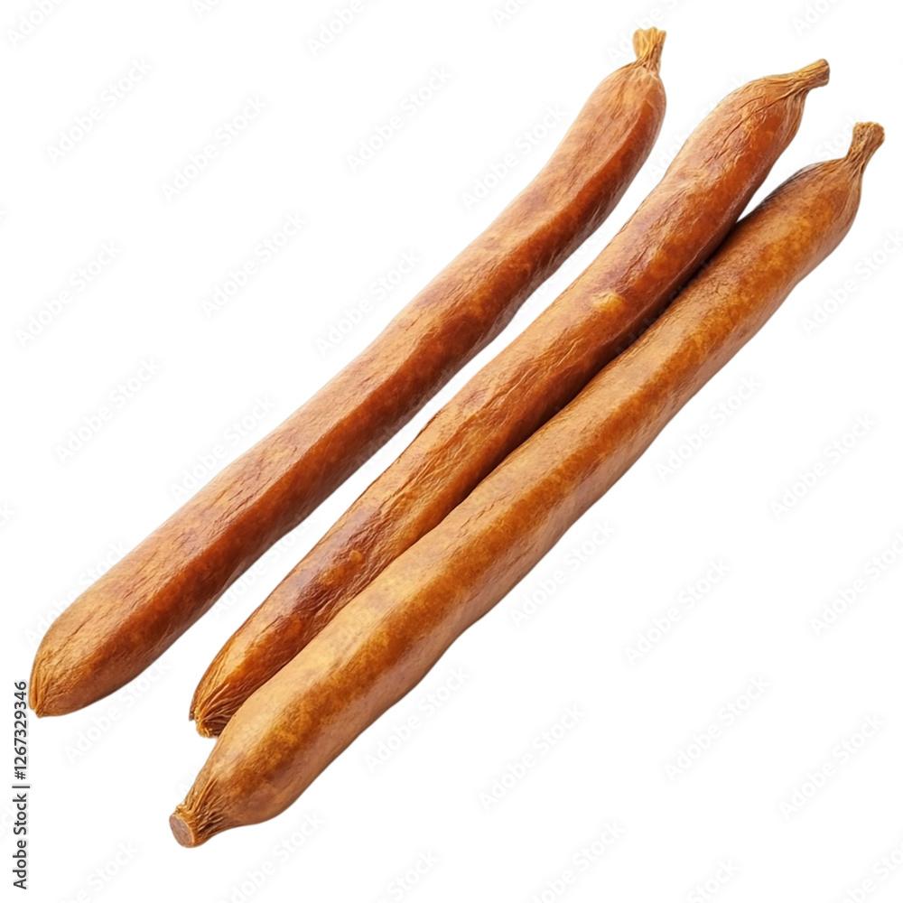 Long thin dry smoked pork sausages Isolated on transparent background. Long thin dry smoked pork sausages Isolated on transparent background.