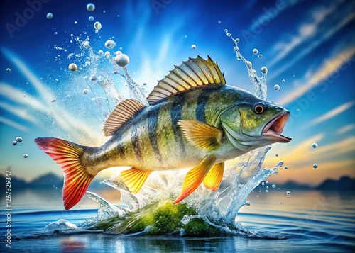 Stunning Perch Leaping from Crystal Clear Water - Wildlife Stock Photo