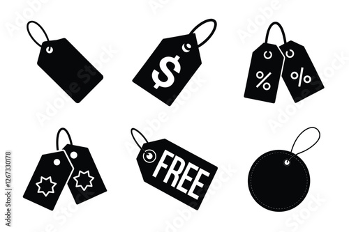 Set of Price Tags with Various Icons, Including Dollar, Percentage, Free, and Discount Tags