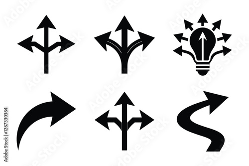 Collection of Black Arrows and Directional Icons Illustrating Various Choices and Paths