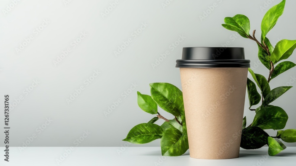 A charming paper coffee cup elegantly placed among lush green leaves, reflecting the harmony between daily coffee enjoyment and nature's beauty. A charming paper coffee cup elegantly placed among lush green leaves, reflecting the harmony between daily coffee enjoyment and nature's beauty.
