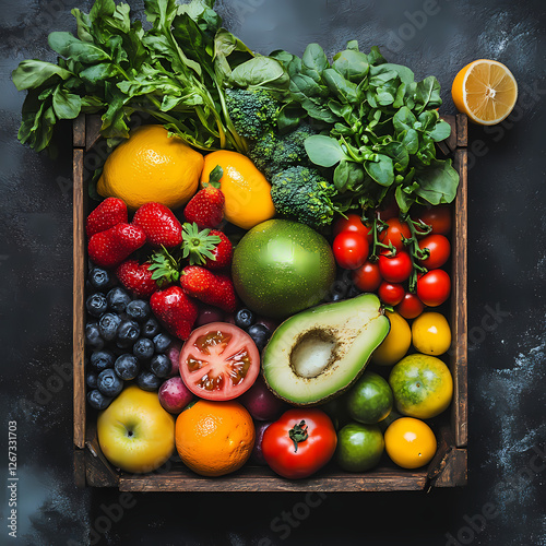 Fresh seasonal produce displayed in a wooden crate on a dark surface. Generative AI