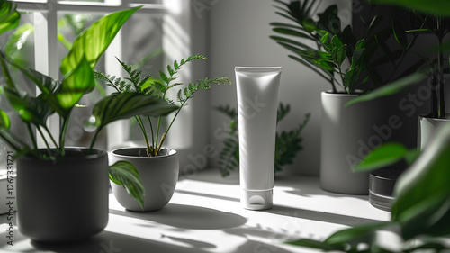 Minimalist Skincare Product with Green Plants by Window  
