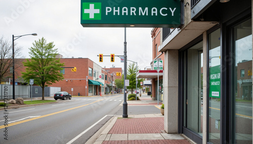 Pharmacy storefront on city street with greenery