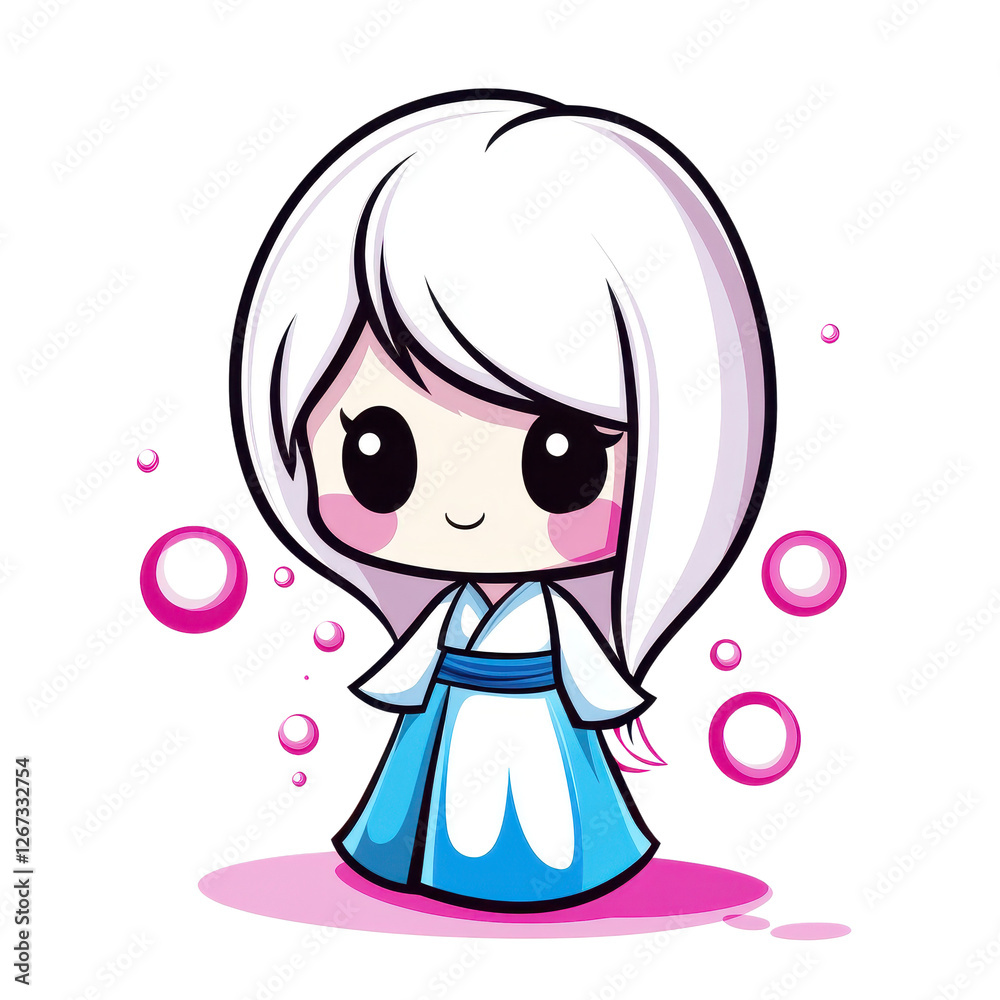 Cute Animated Character with White Hair and Blue Dress in Playful Style Cute Animated Character with White Hair and Blue Dress in Playful Style