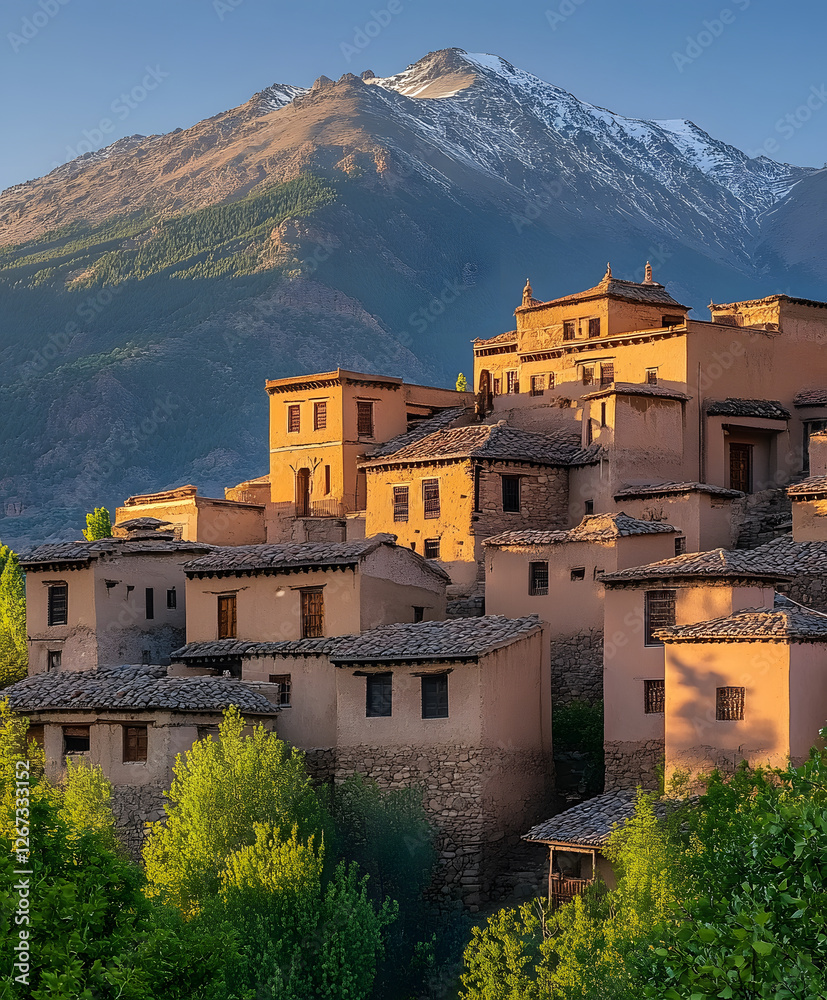 Obraz premium A picturesque village nestled among lush greenery and mountains, featuring traditional architecture and a serene atmosphere