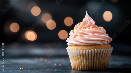 A delightful cupcake with pink frosting and bright sprinkles, perfectly captured against a contrasty backdrop, evoking joy and celebration in every detail.